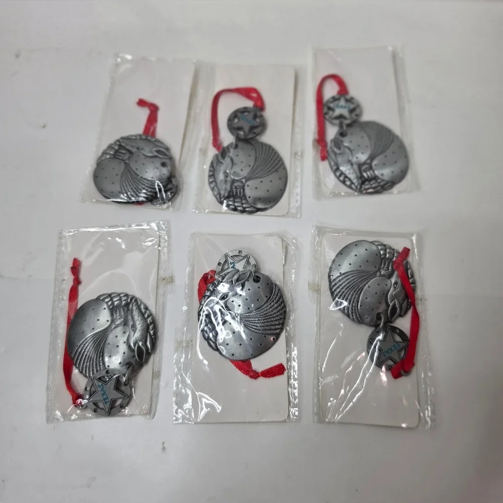 Lot of 6 Pewter Texas Armadillo Christmas Ornaments Lone Star State